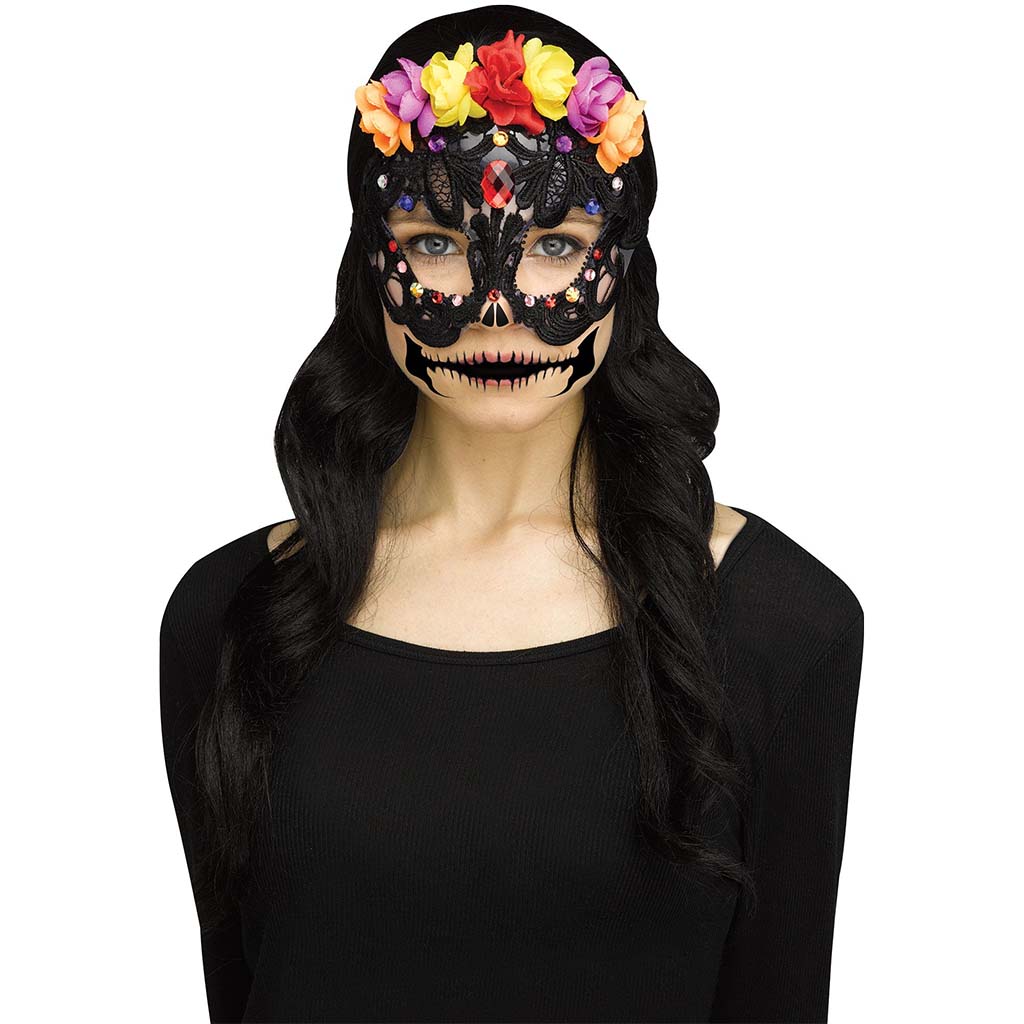 Lacy Skull Mask &amp; Tattoo Set Black Silver