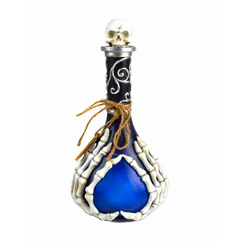 Blue Halloween Spell Bottle with Skeleton Hands 13in