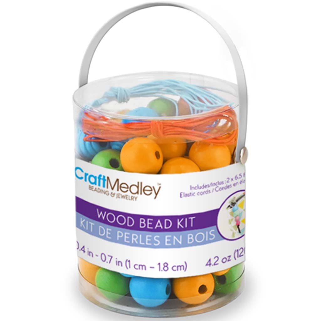 Wooden Bead Kit: 120g 4-Col x 4-Size in PVC Canister w/2x2m Elastic Cord Pastel Mix