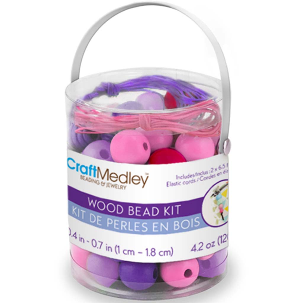 Wooden Bead Kit: 120g 4-Col x 4-Size in PVC Canister w/2x2m Elastic Cord Viola Mix