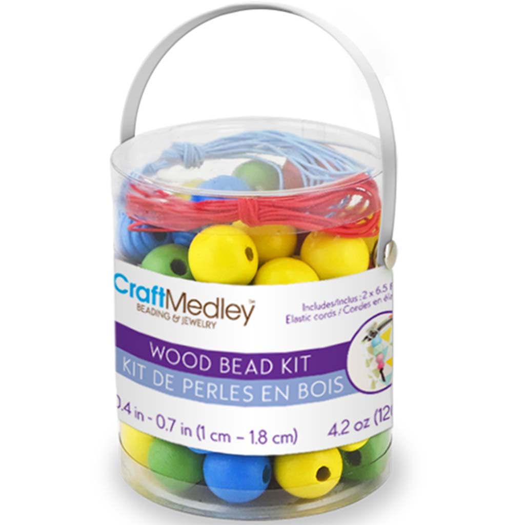 Wooden Bead Kit: 120g 4-Col x 4-Size in PVC Canister w/2x2m Elastic Cord Primary Mix