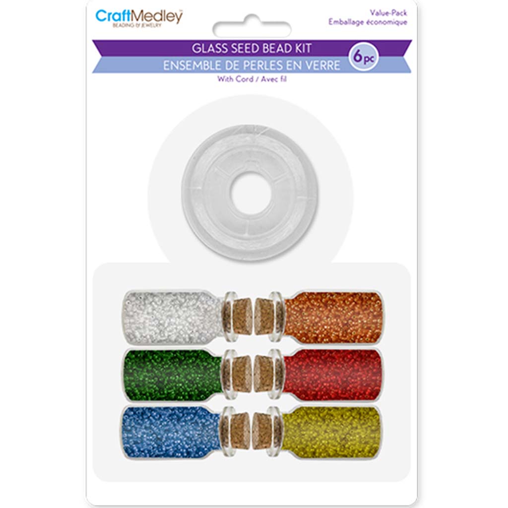 Glass Seed Bead Kit:  w/Cord+Cork Stopper- A,  Brights, 6pc Asst 60g (6x10g)