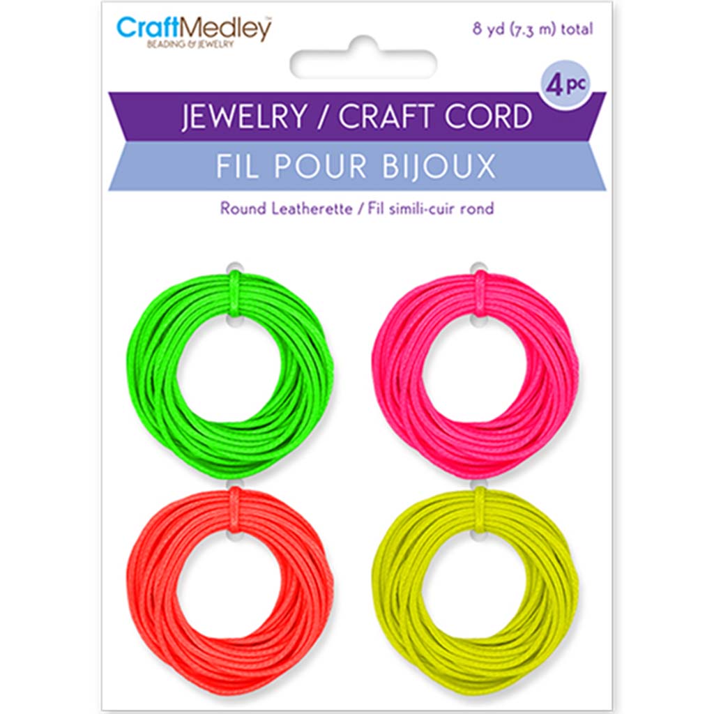 Jewelry/Craft Cord: Leatherette Round 4-col Asst-C, Neon Asst, 1mm x 8yds