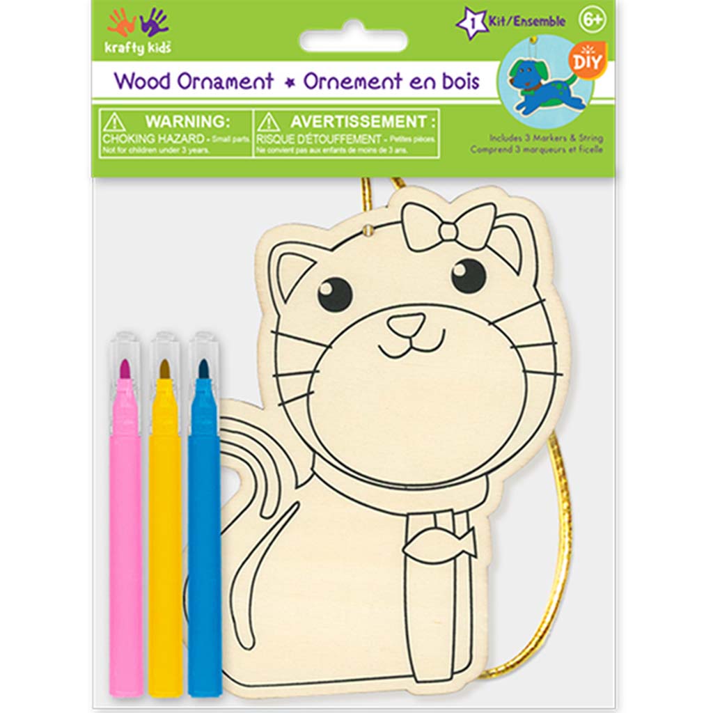 Krafty Kids Kit: DIY Wood Ornament Kit w/3 Mini Felt Markers Kitty