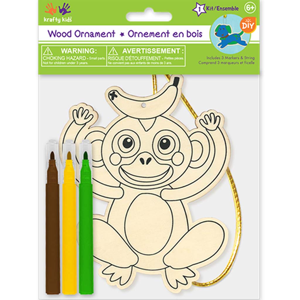 Krafty Kids Kit: DIY Wood Ornament Kit w/3 Mini Felt Markers Monkey