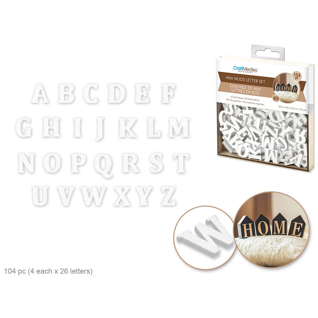 Craftwood:  Mini Letter Box Set 104 pc (4 ea x 26 Letters) 2mm(T) White, 1.3 x 1.5 cm