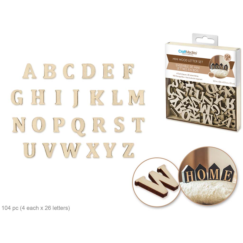 Craftwood:  Mini Letter Box Set 104pc (4 ea x 26 Letters) 2mm(T) Natural, 1.3 x 1.5 cm