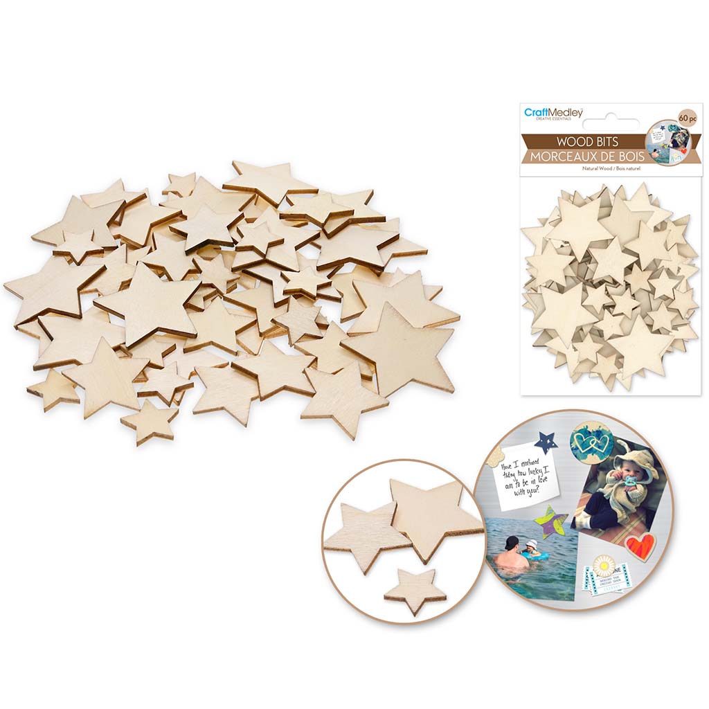 Craftwood: Wood Bits  Asst,  Stars, 3stl 4 x 4/3 x 3/2 x 2 cm, 60pc 1.7 mm(T)