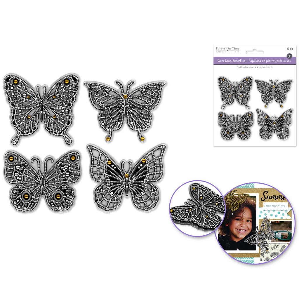 Paper Craft Embellish: Gem-Drop Butterflies, Self-Stick Silver, 2.5in , 4pc