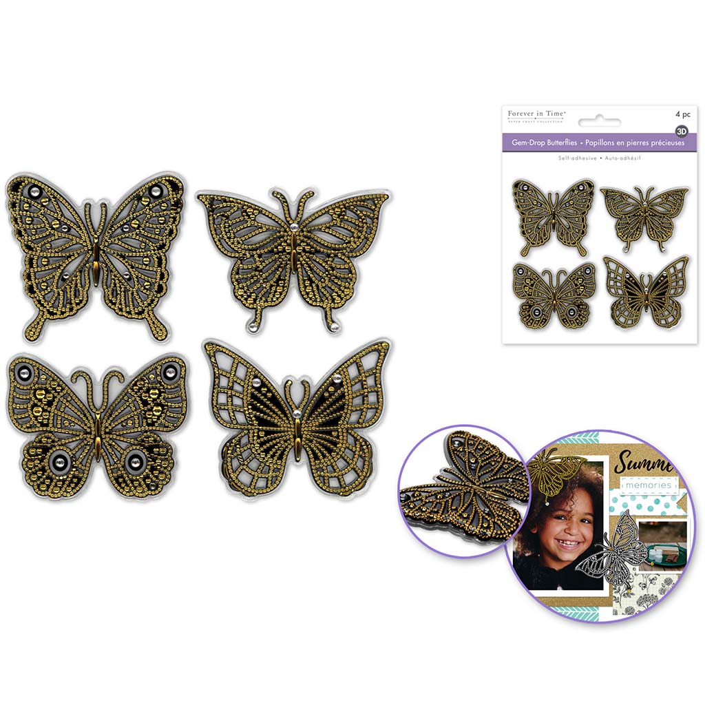 Paper Craft Embellish: Gem-Drop Butterflies, Self-Stick Gold, 2.5in, 4pc