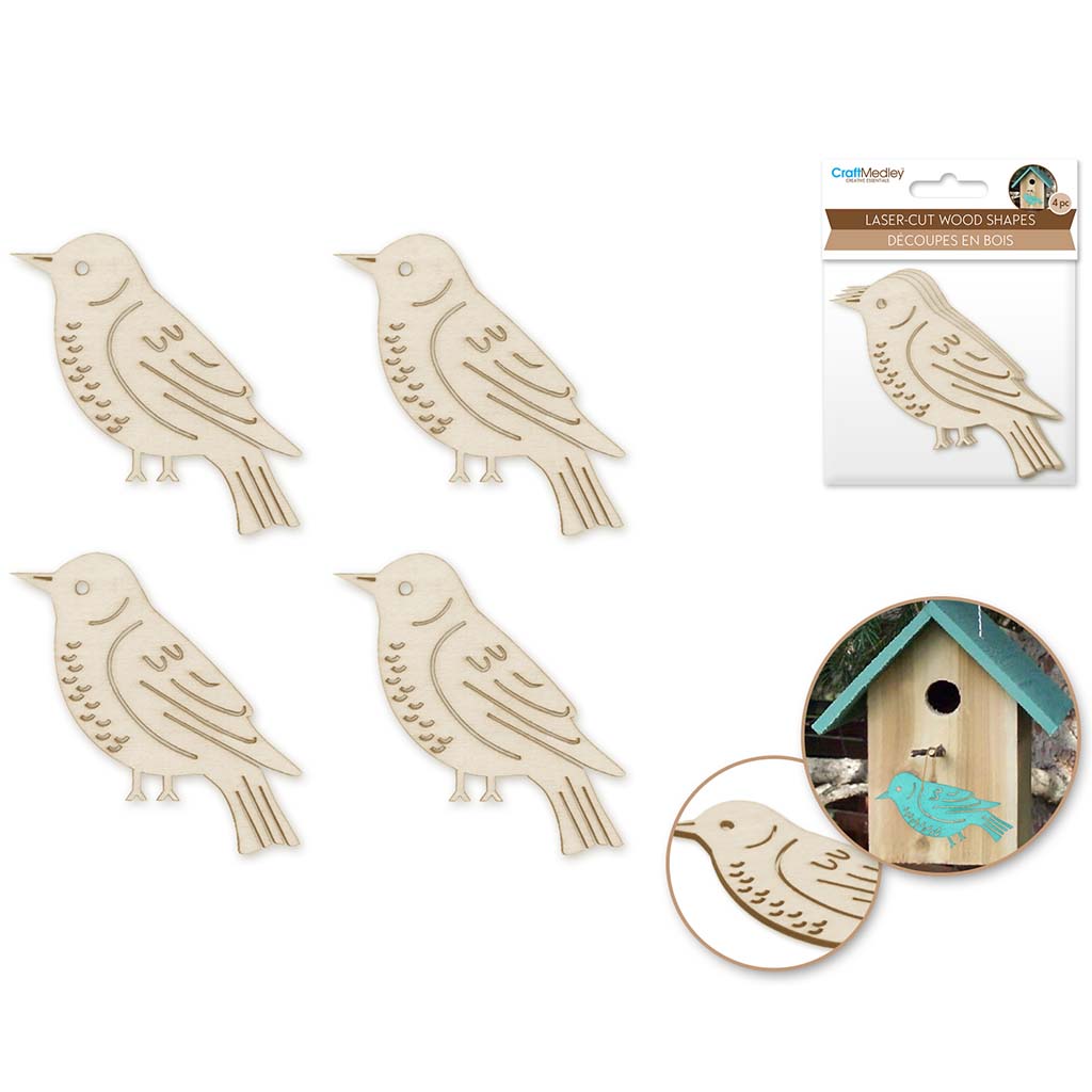 Wood Craft: Laser-Cut Ornate Wood Shapes x 4 Birdie, 8cm