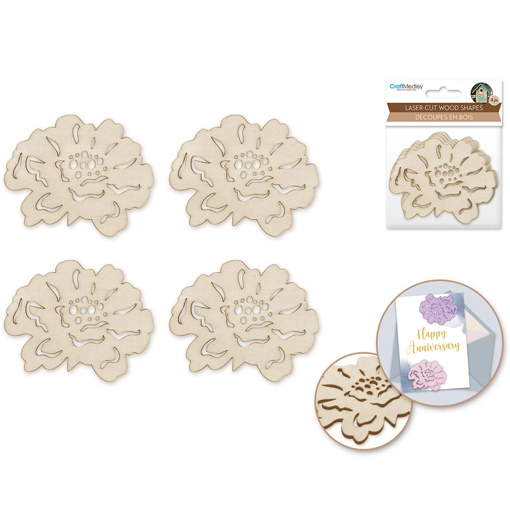 Wood Craft: Laser-Cut Ornate Wood Shapes x4 Flower 2, 8cm