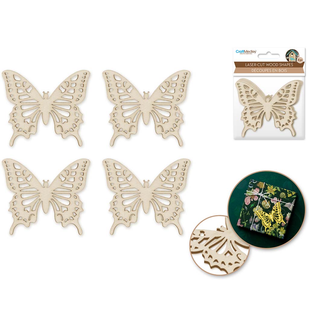 Wood Craft: Laser-Cut Ornate Wood Shapes x4 Butterfly 2, 8cm