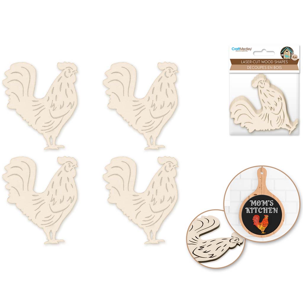 Wood Craft: Laser-Cut Ornate Wood Shapes x4 Rooster, 8cm