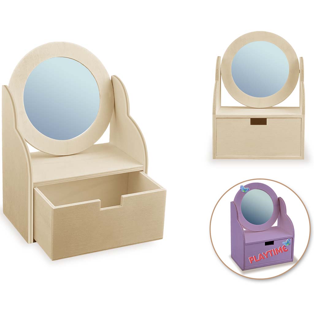 Wood Craft: Mini DIY Dresser w/Acrylic Mirror, 4.7in x 2.8In x 6.3in