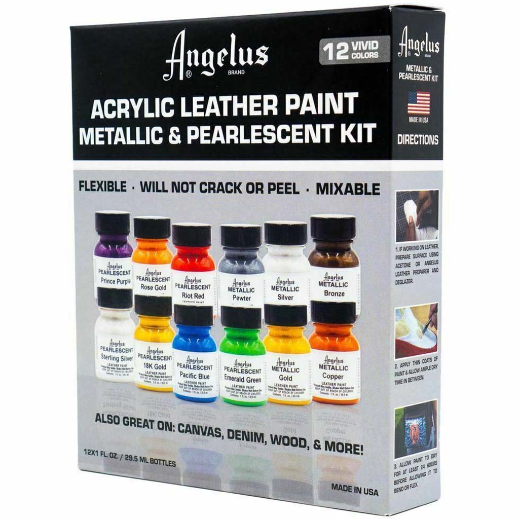 Angelus Leather Paint Set of 12 Metallic and Pearlescent Colors 1oz