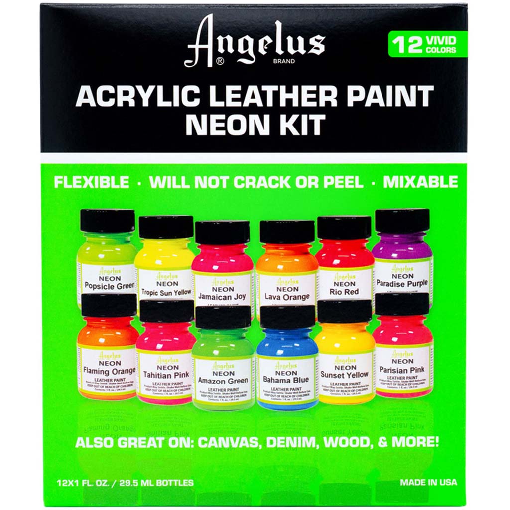 Angelus Leather Paint Set of 12 Neon Colors 1oz