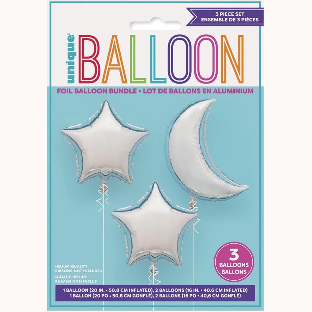 Moon &amp; Star Shaped Silver Foil Balloons, 3pk