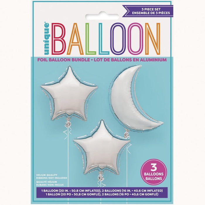Moon & Star Shaped Silver Foil Balloons, 3pk
