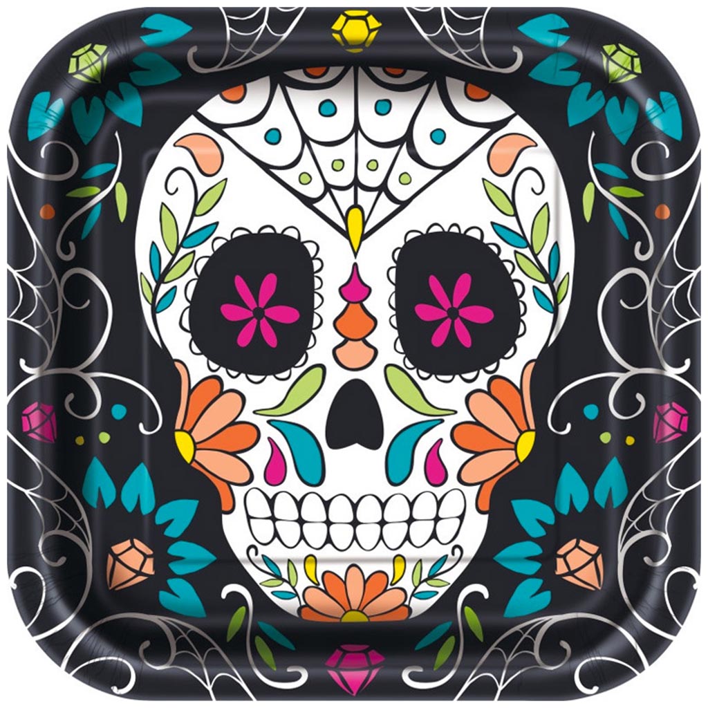 Skull Day of the Dead Square Dinner Plates, 8ct, 9in