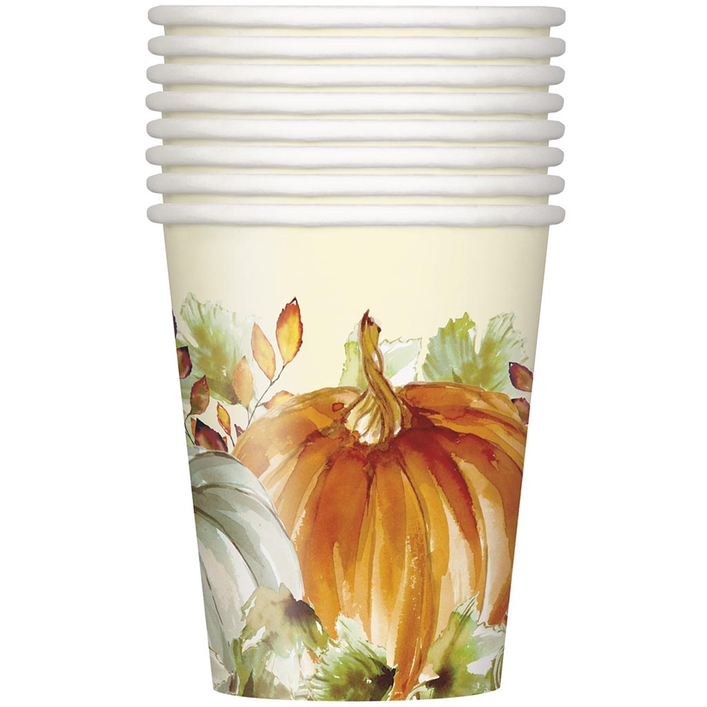 Watercolor Fall Pumpkin Cups 9oz, 8ct