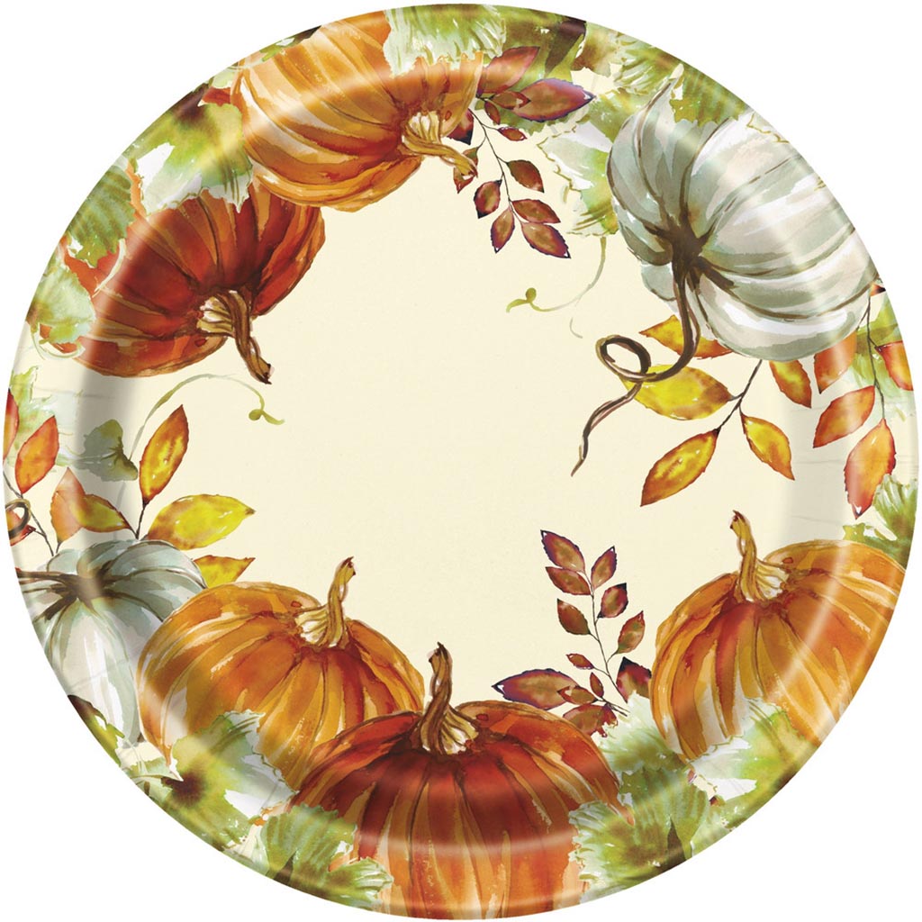 Watercolor Fall Pumpkin Dinner Plate 9in, 8ct