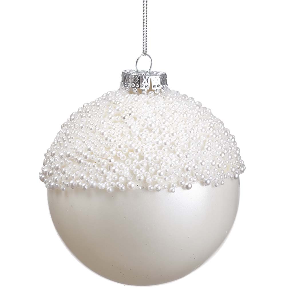 Beaded Ball Ornament White, 4in