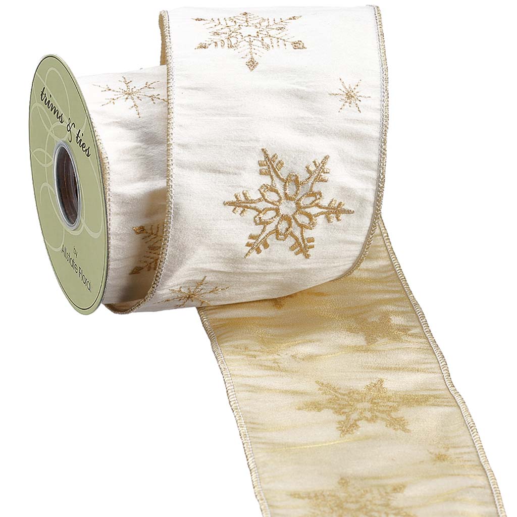 Snowflake Embroidered Ribbon Cream, 4in W x 5Yd