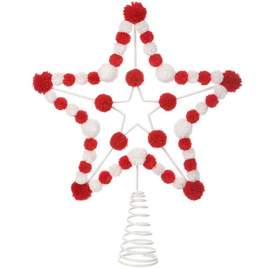 Pompon Star Tree Topper Red White, 13.5in