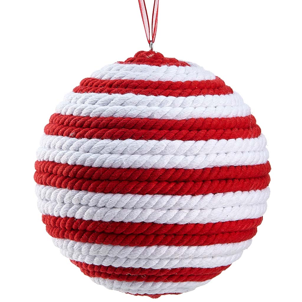 Knitted Ball Ornament Red White, 5.5in