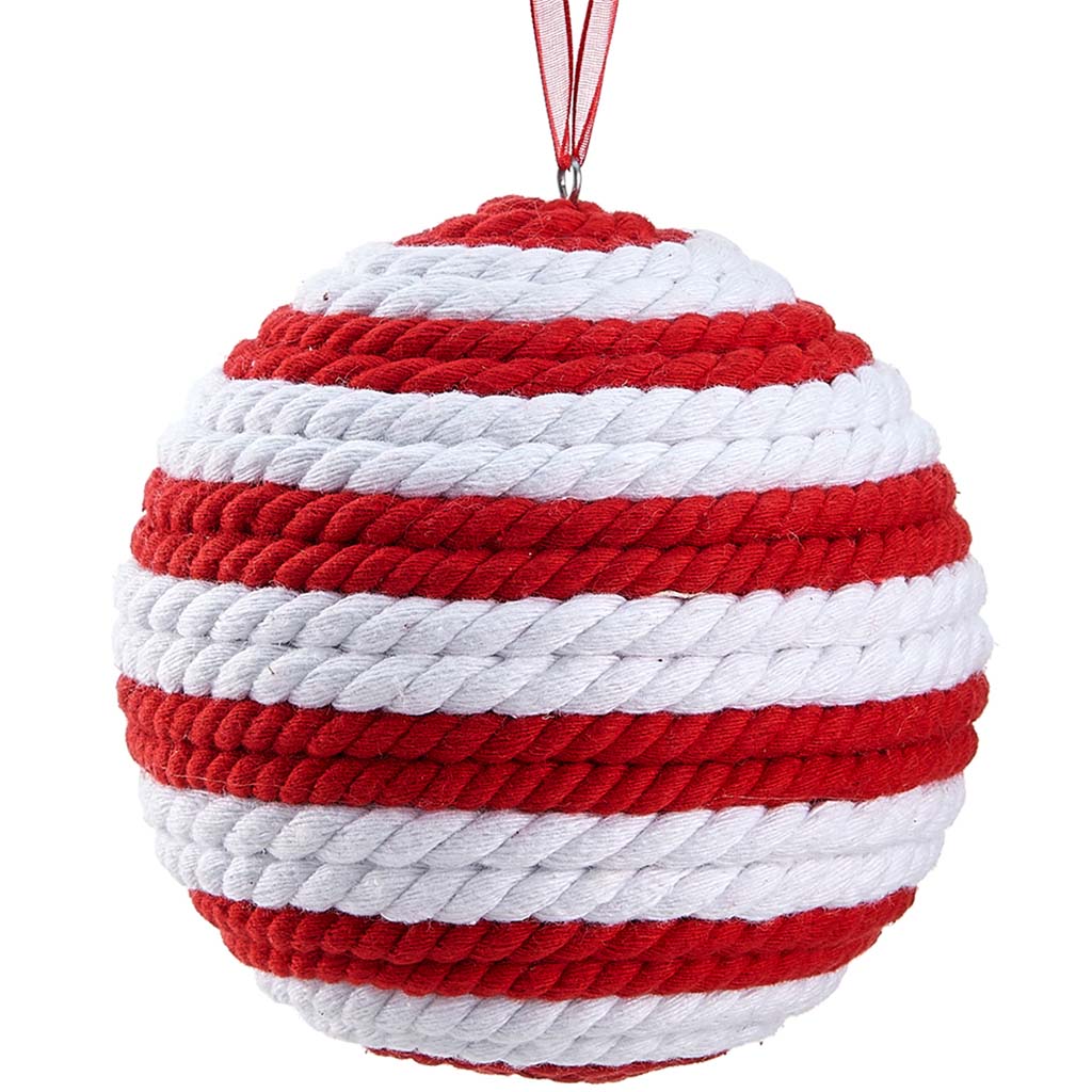 Knitted Ball Ornament Red White, 4.5in