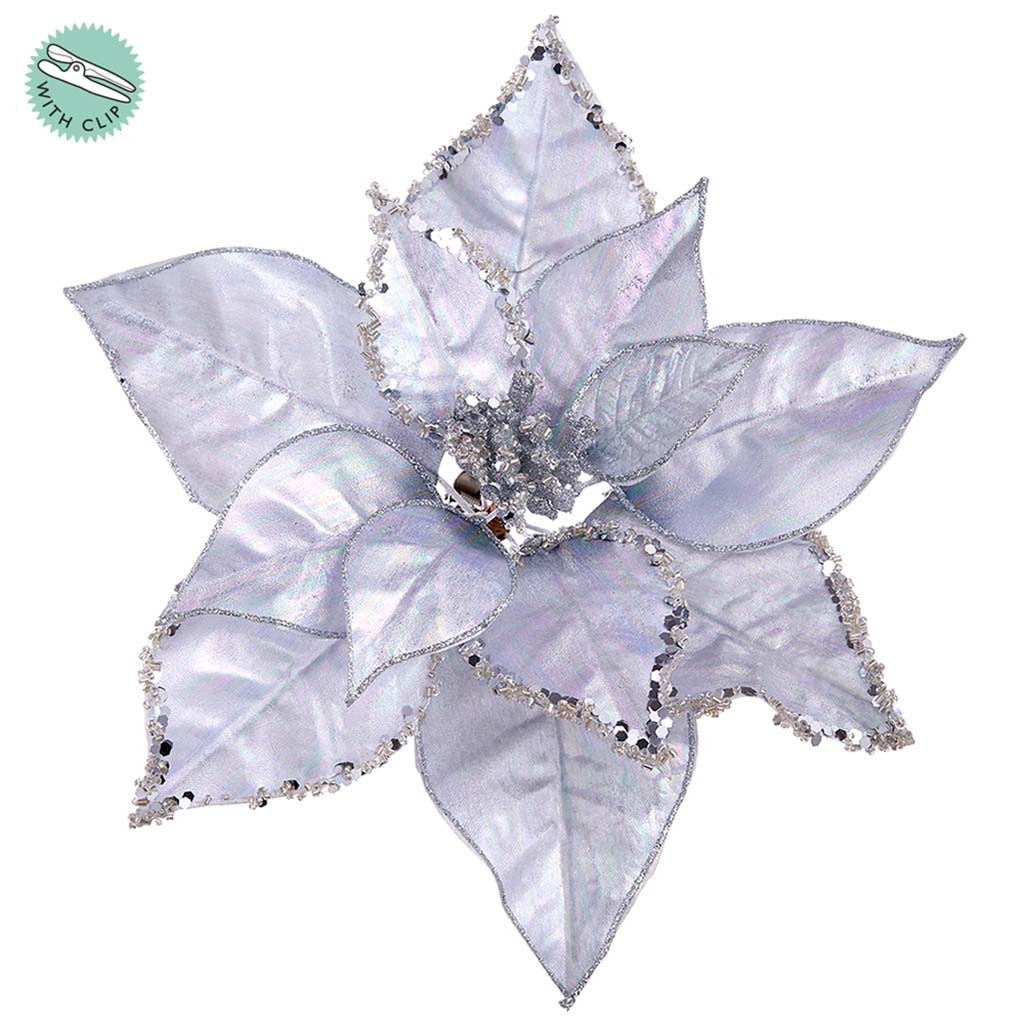 Metallic Poinsettia With Clip Silver, 9in