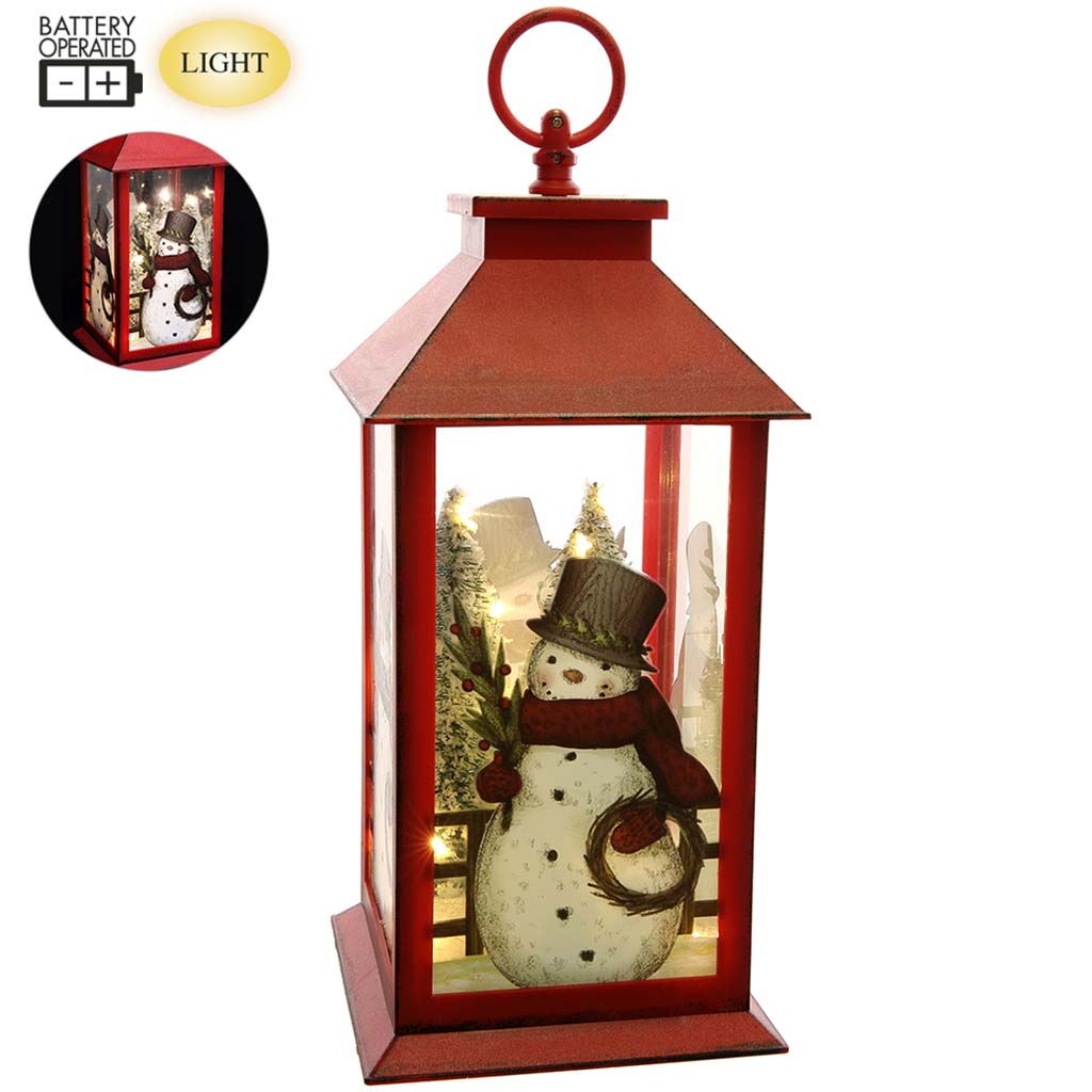 Brown Snowman Lantern with Light 12in