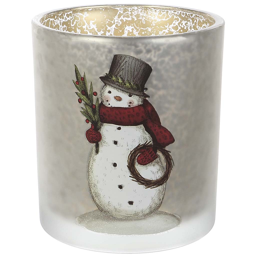 Glass Snowman Candle Holder White 4.25in
