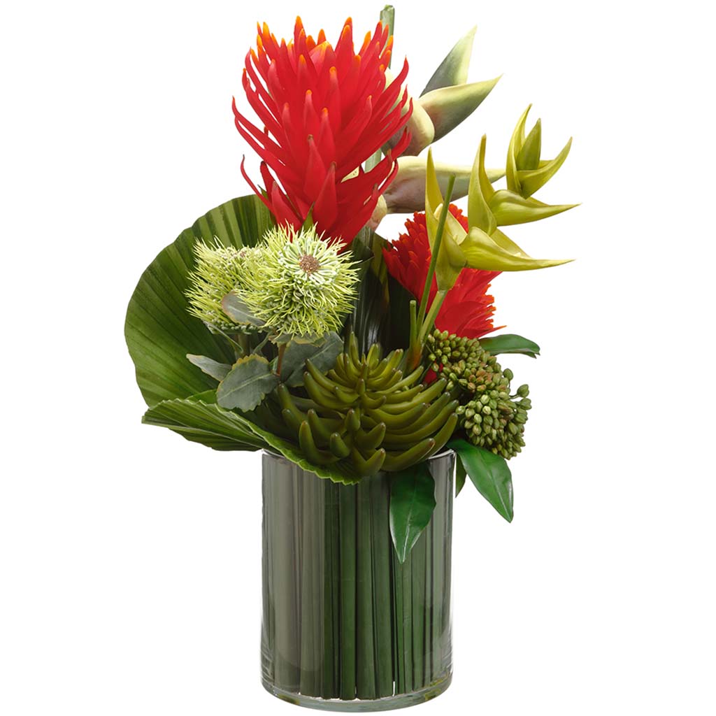 Protea/ Bromeliad/Grass in Glass Vase, 24.5in H x 17in W x 17in L