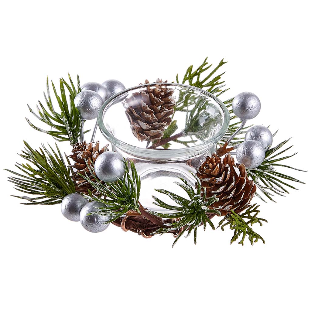 Berry/Pine Cone/Pine Glass Candleholder Silver Green, 2.3in H x 5in D