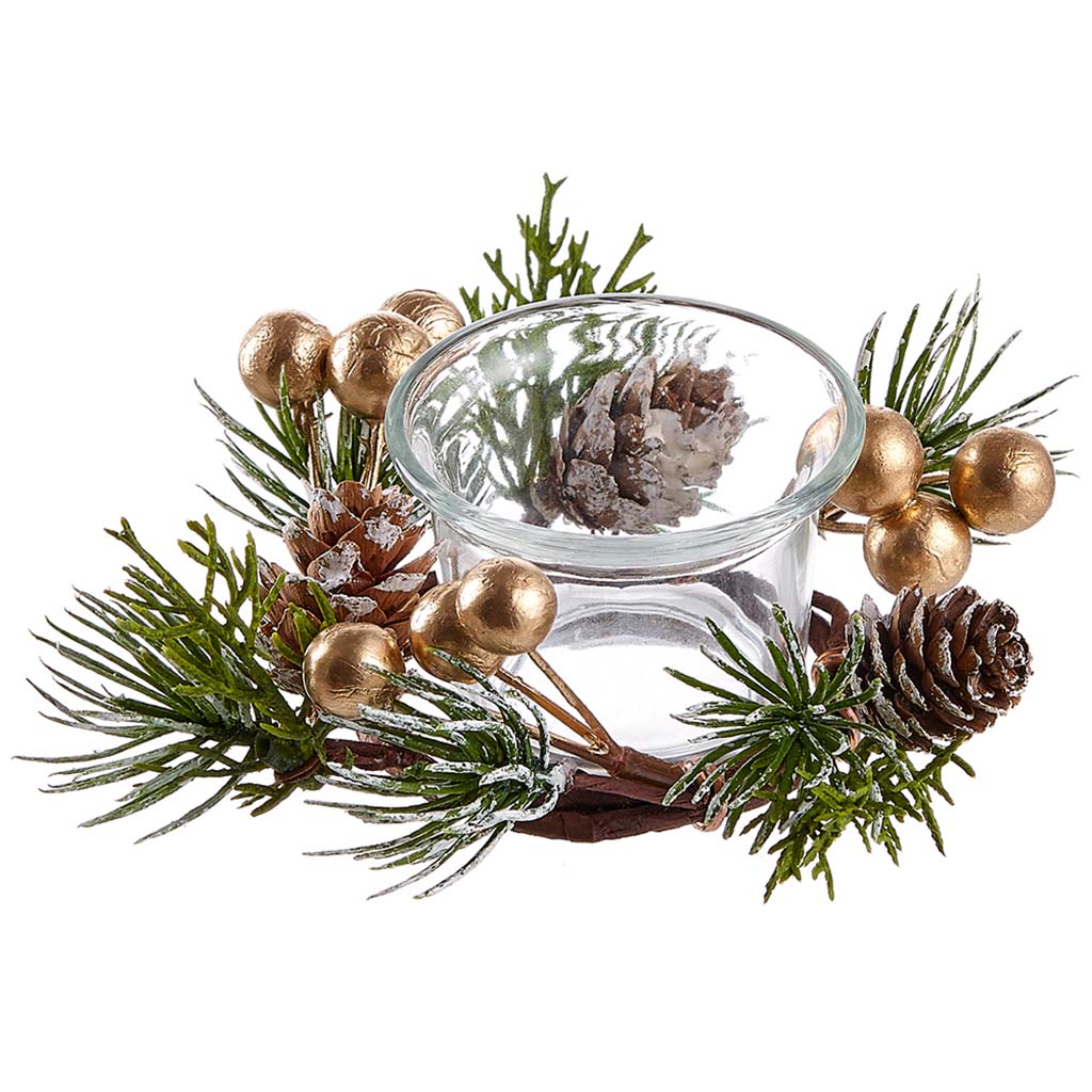 Berry/Pine Cone/Pine Glass Candleholder Gold Green, 2.3in H x 5in D
