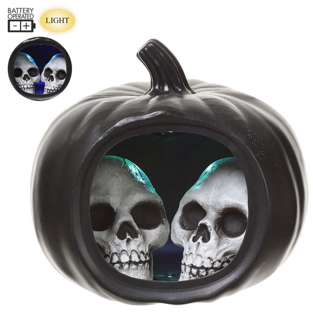 Battery Operated Skull Pumpkin with Light Black, 9in