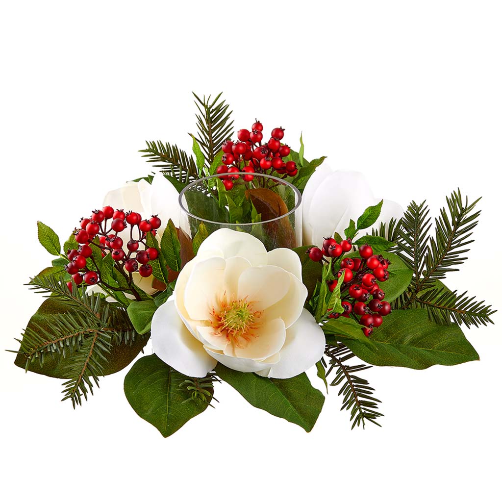 Magnolia/Berry/Pine Centerpiece With Glass Hurricane, 6in H x 16in D