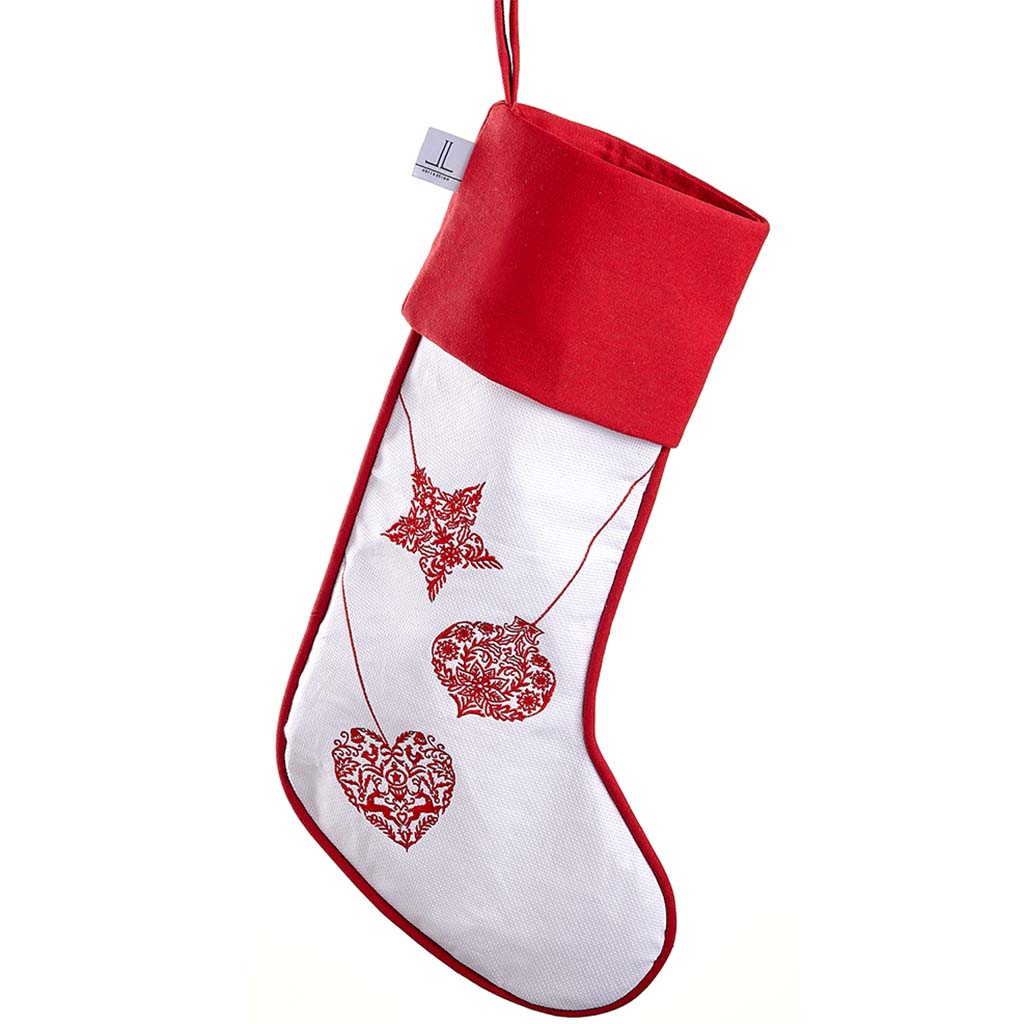 Embroidery Linen Stocking Red White, 22in