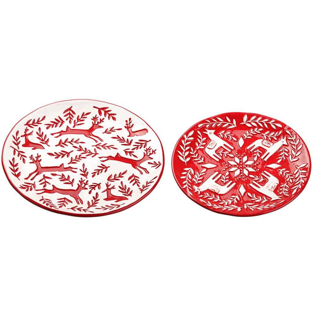 Reindeer Ceramic Plate Set of 2 Red White, 8in-10in