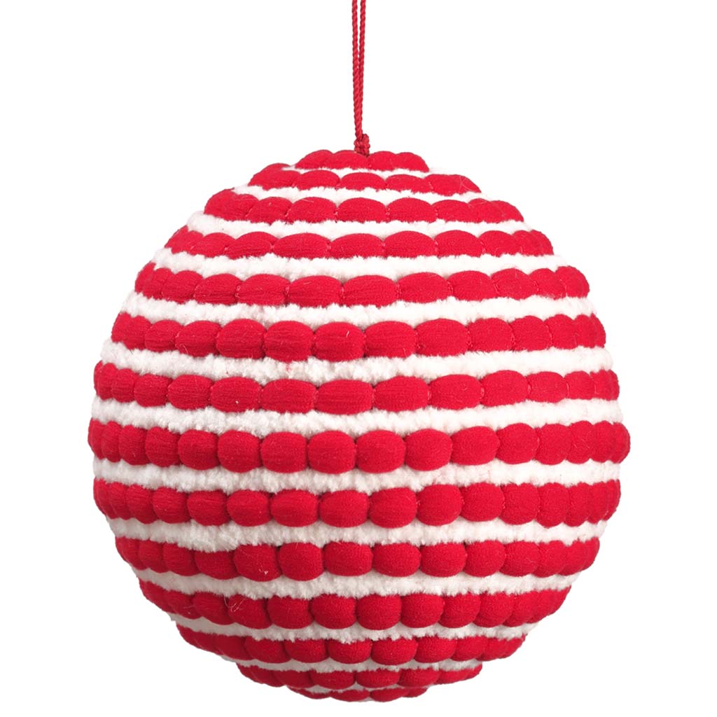 Pompon Yarn Ball Ornament Red White, 5in