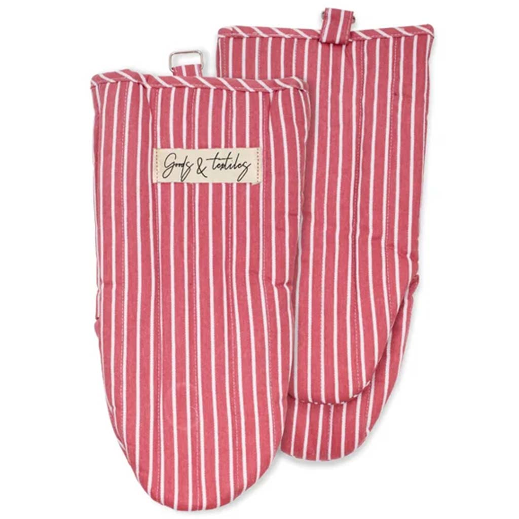 Tuscan Stripe Woven Oven Mitt Set of 2 Red, 6in x 13in