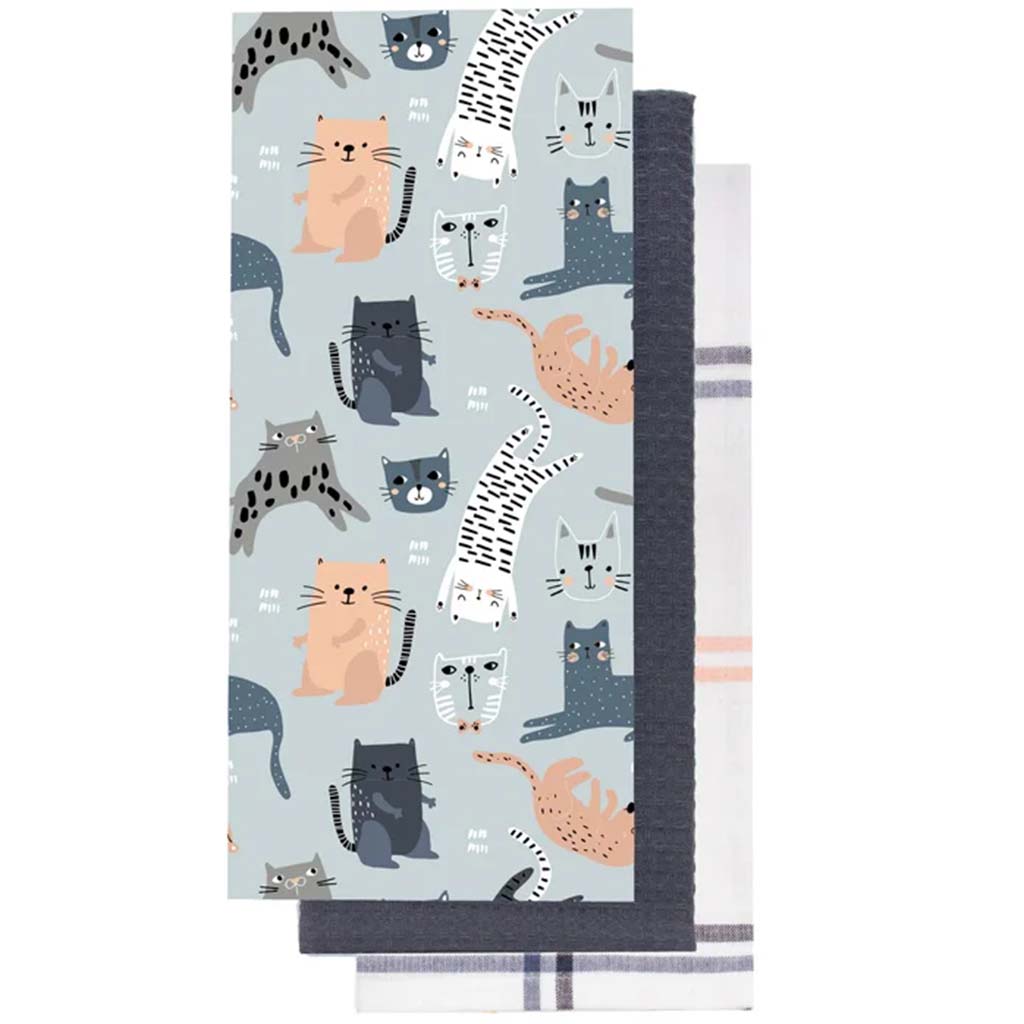 Cats Printed Kitchen Towel Set Of 3 Blue, 18in x 26in