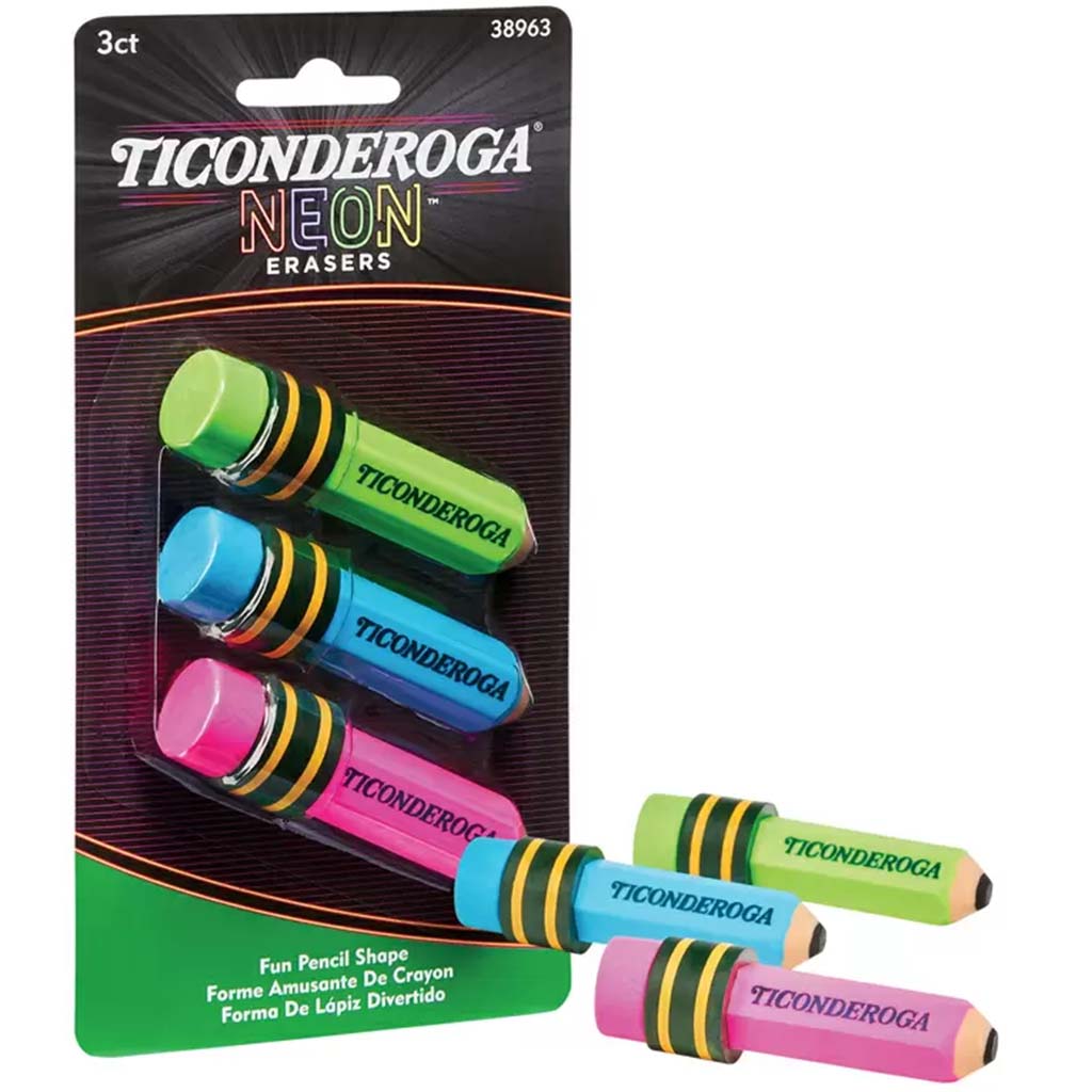 Ticonderoga Pencil Shape Eraser Neon 3ct