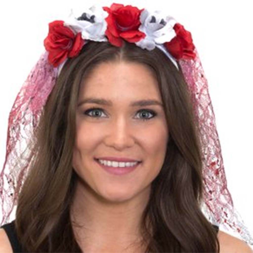 Day Of Dead Headband With Gray/White &amp; Red Flowers &amp; Bloody Veil