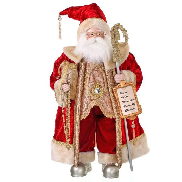 Elegant Vintage Santa with Plaque & Staff, 28in
