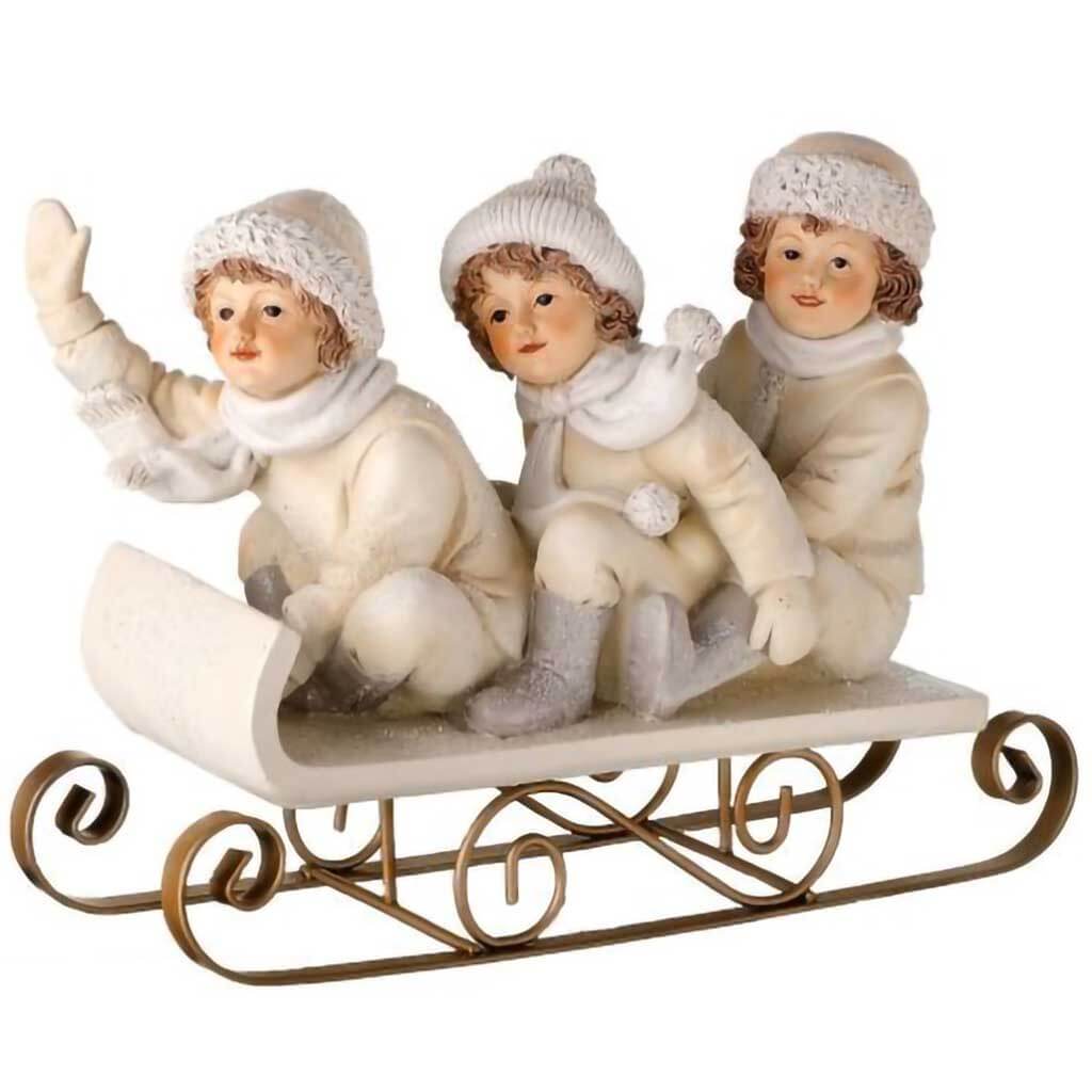 Resin Winter White Kids On Sled, 8in