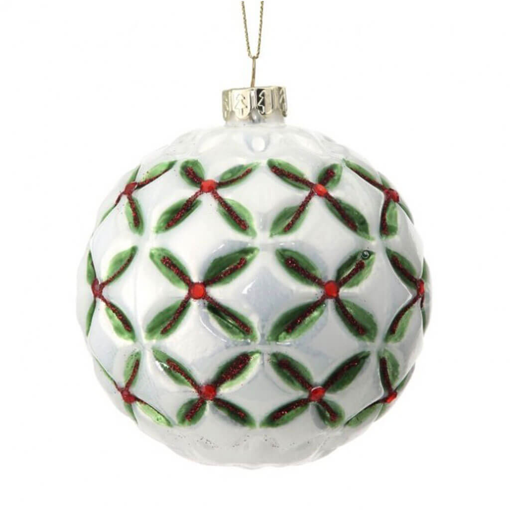 Floret Cross with Jewel Ball Hanging Ornament 4in White, Green, Red