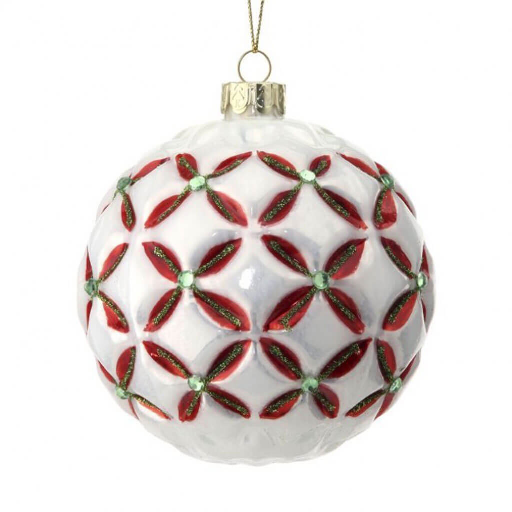 Floret Cross with Jewel Ball Hanging Ornament 4in White, Green and Red